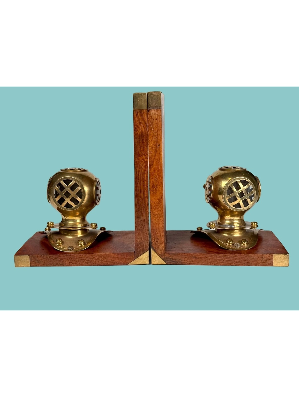 Deep Sea Diving Helmet Bookends Brass Wood Vintage Nautical Maritime Decor